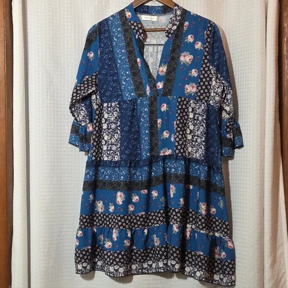 Simply Couture Dress Womens L Large Blue Boho 3/4 Sleeves V-Neck Knee Length - Picture 2 of 8